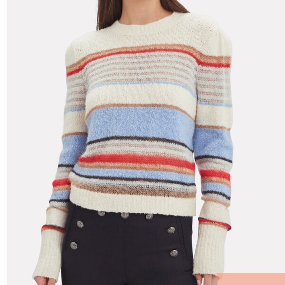 Veronica Beard Cream Striped Crewneck Sweater with Blue & Red Accents